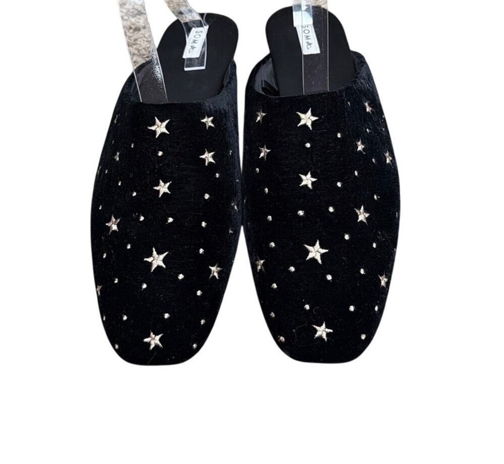 Soma Velvety Embroidered Mule Slippers Star Design Size 9 Black